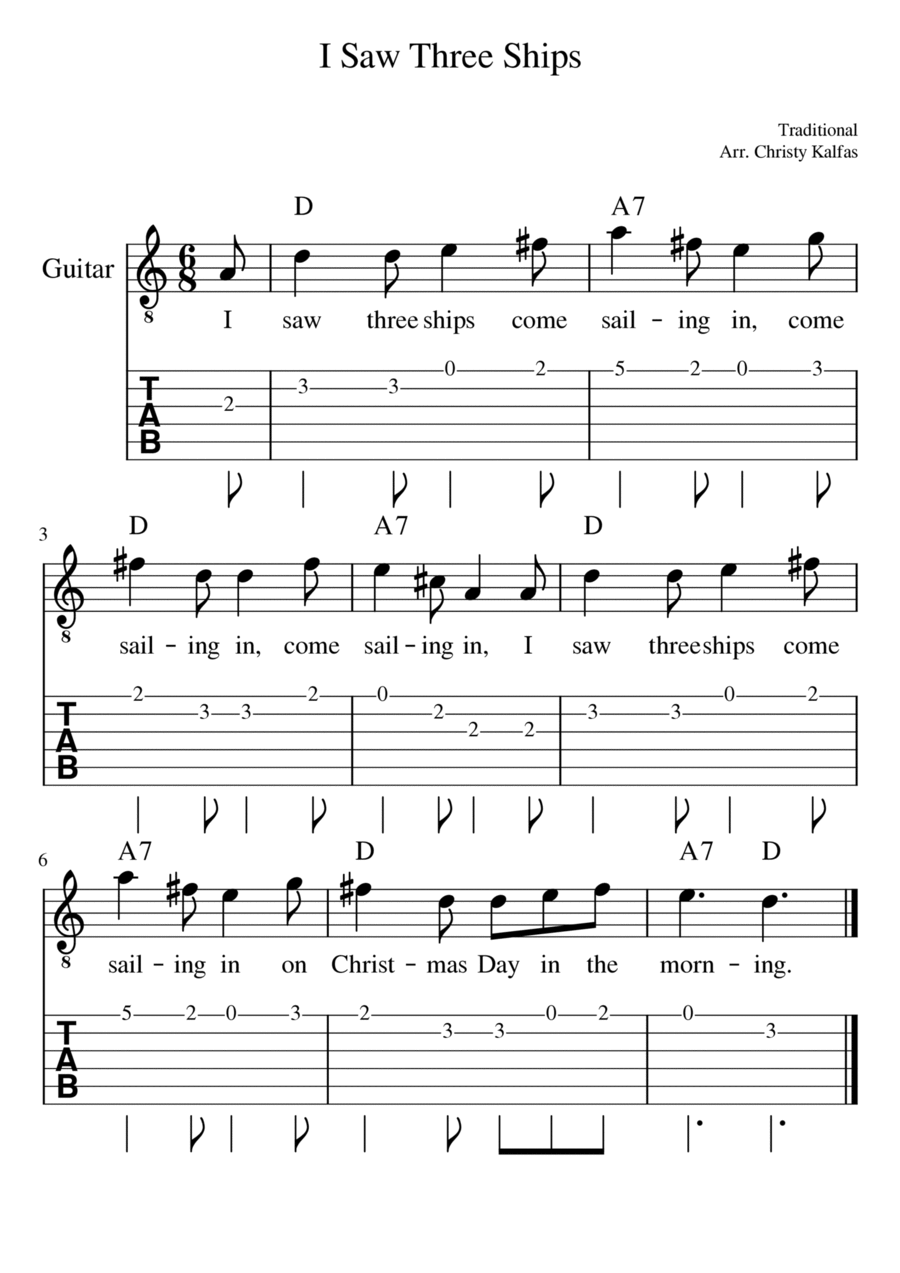 I Saw Three Ships - Guitar tab and chords (key of D) Guitar Tablature scores gallery preview page 1