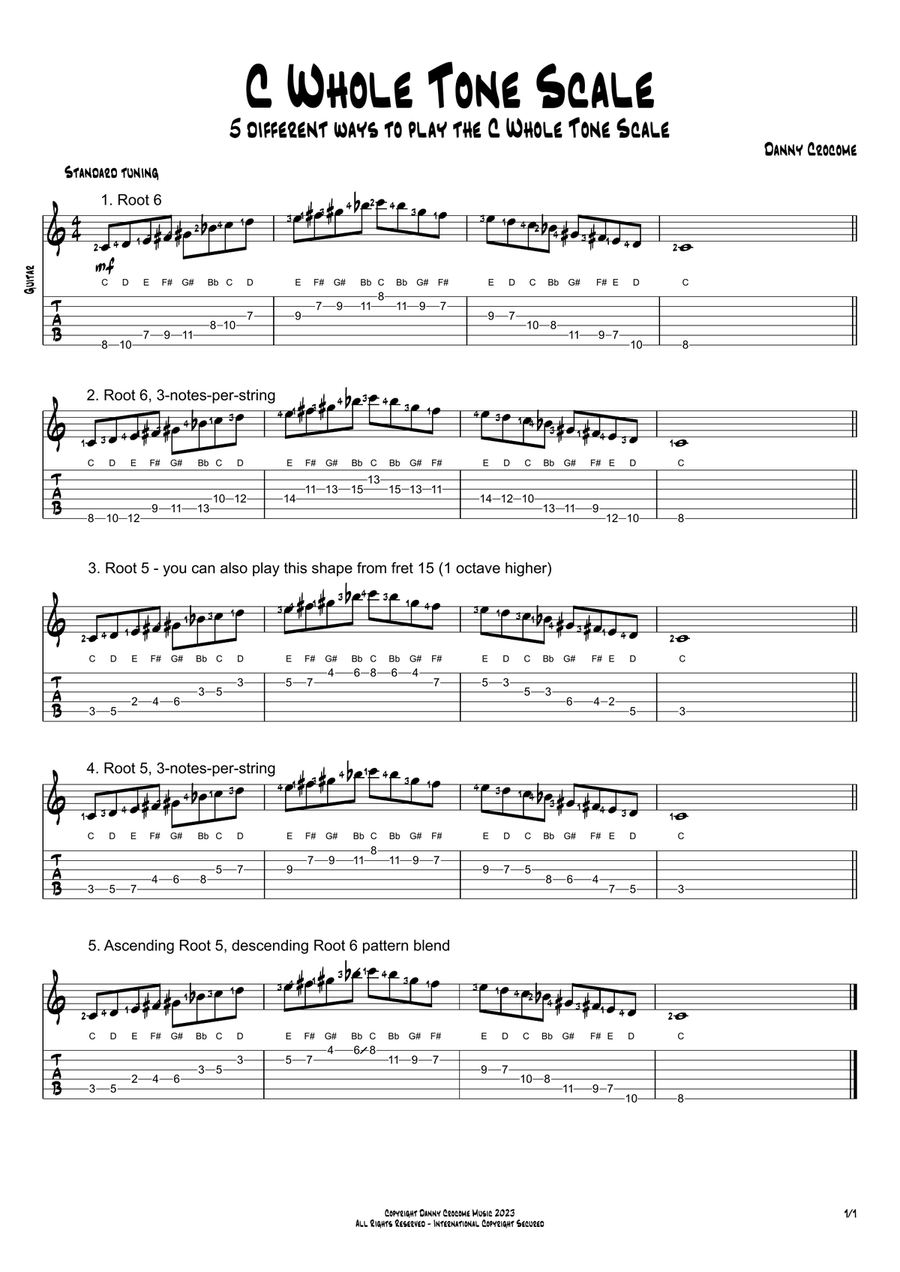 C Whole Tone Scale (5 Ways to Play) Electric Guitar scores gallery preview page 1