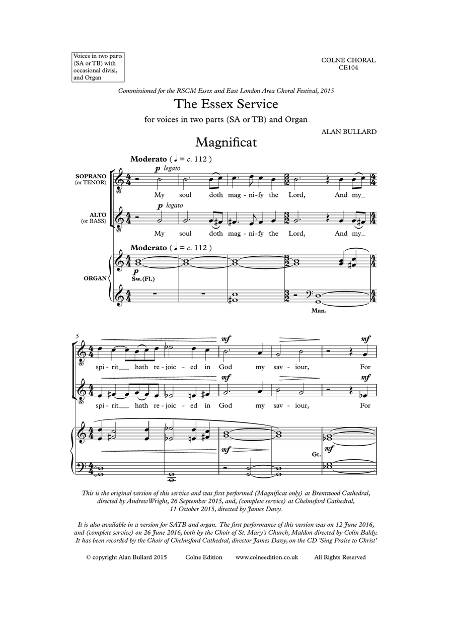 Essex Service (Magnificat and Nunc Dimittis) version for two-part voices (SA or TB) and organ TB scores gallery preview page 1