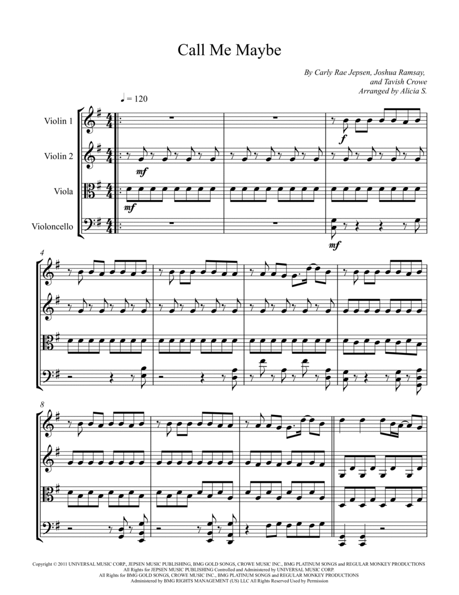 Call Me Maybe String Quartet scores gallery preview page 1