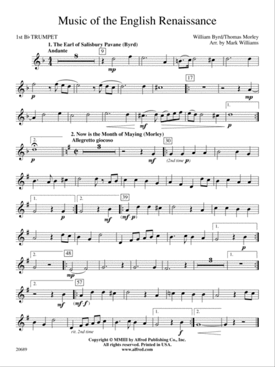 Music of the English Renaissance: 1st B-flat Trumpet Concert Band scores gallery preview page 1
