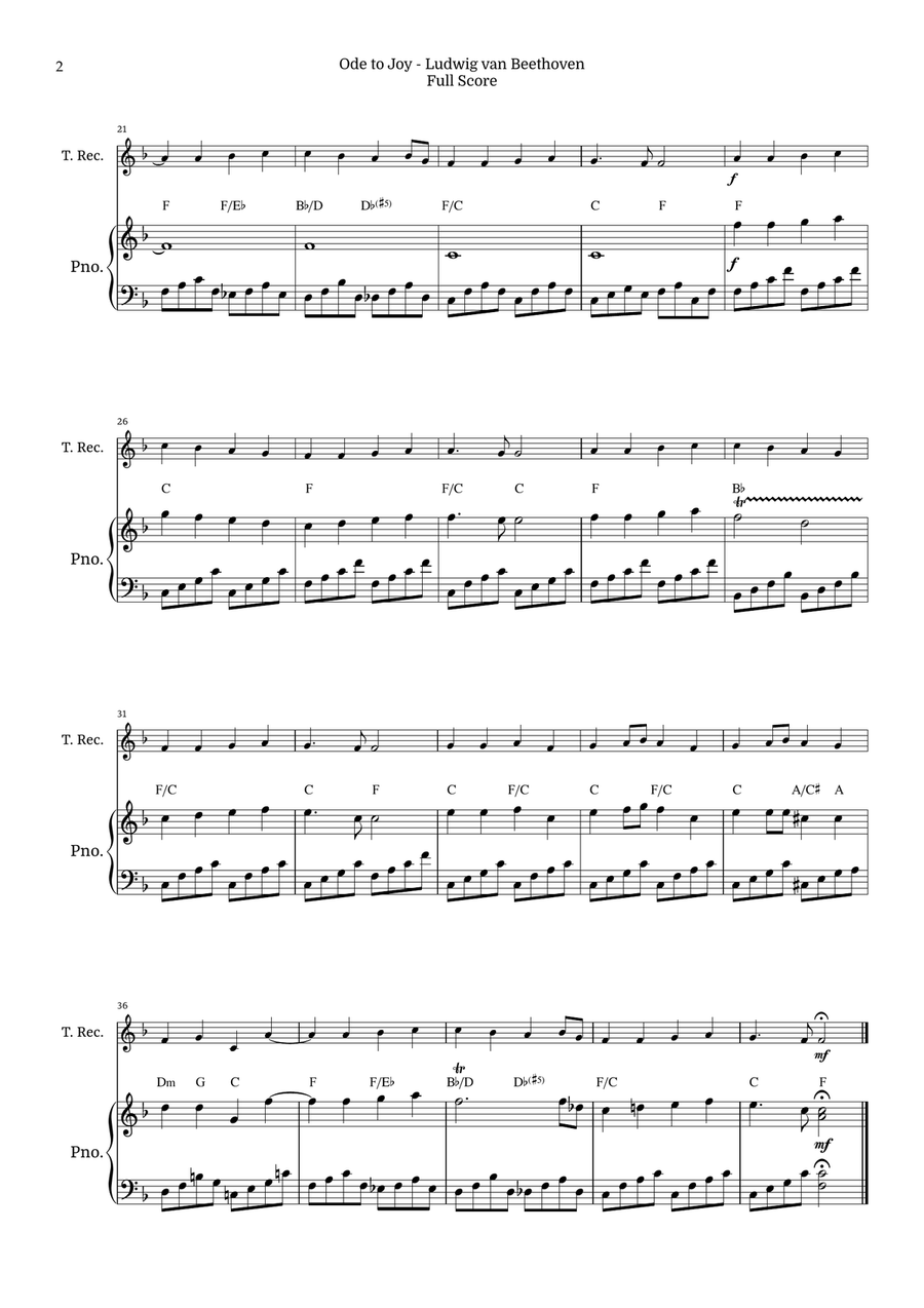 Ode to Joy for Tenor Recorder with Piano by Beethoven Opus 125 Chamber Music scores gallery preview page 2