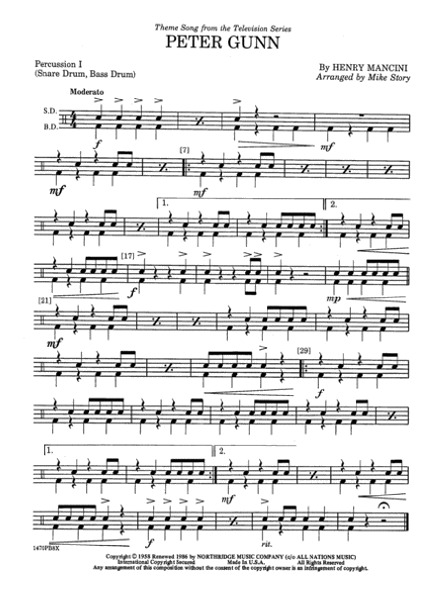 Peter Gunn: 1st Percussion Concert Band scores gallery preview page 1