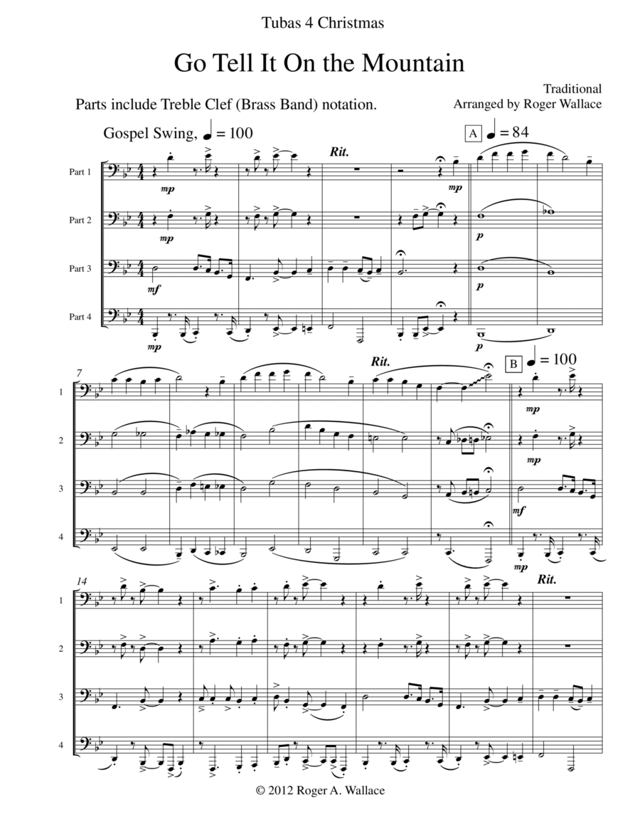 Go Tell It On the Mountain (Tuba Quartet) Brass Quartet scores gallery preview page 1