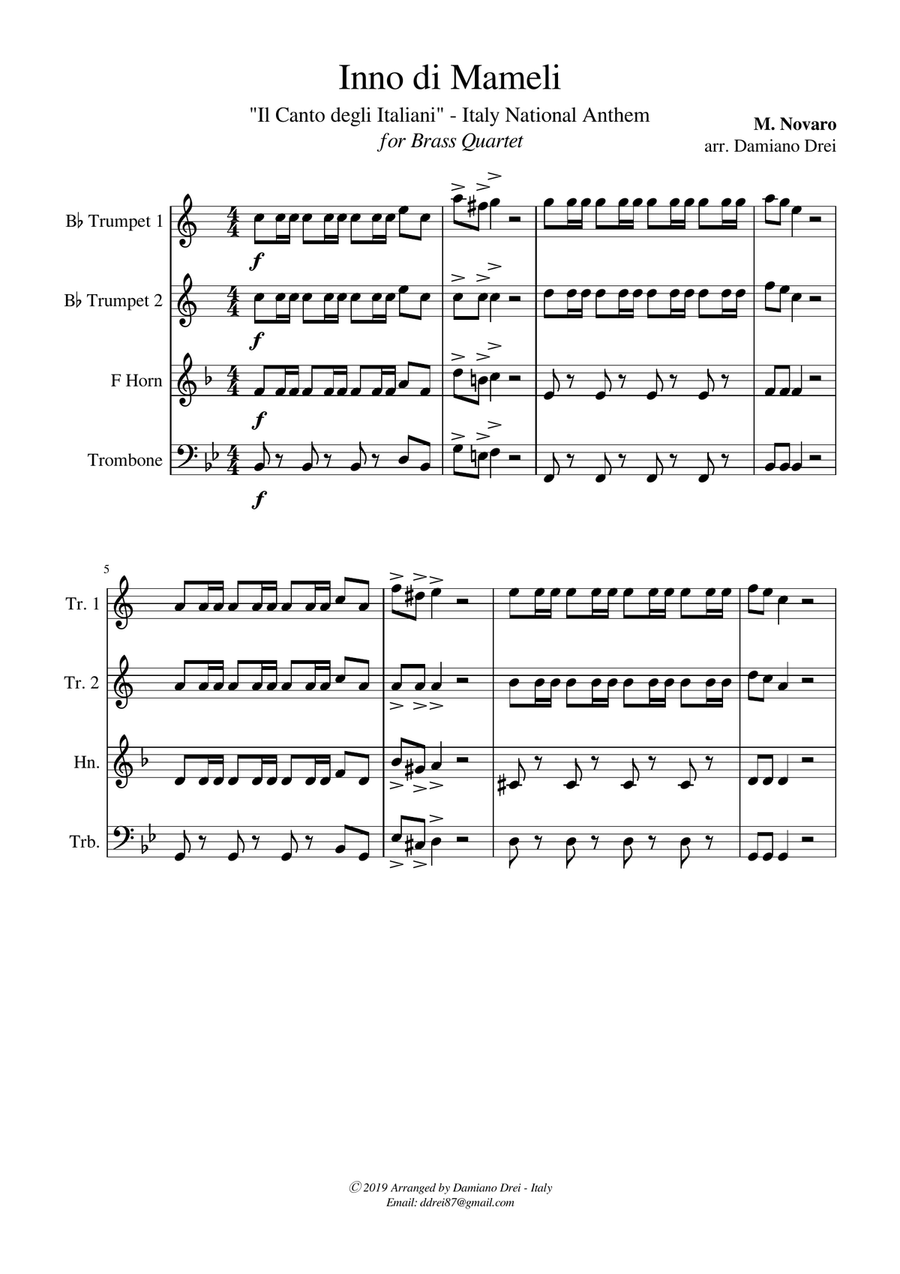 Inno di Mameli (Il Canto degli Italiani, Italy National Anthem) for Brass Quartet Brass Quartet scores gallery preview page 2