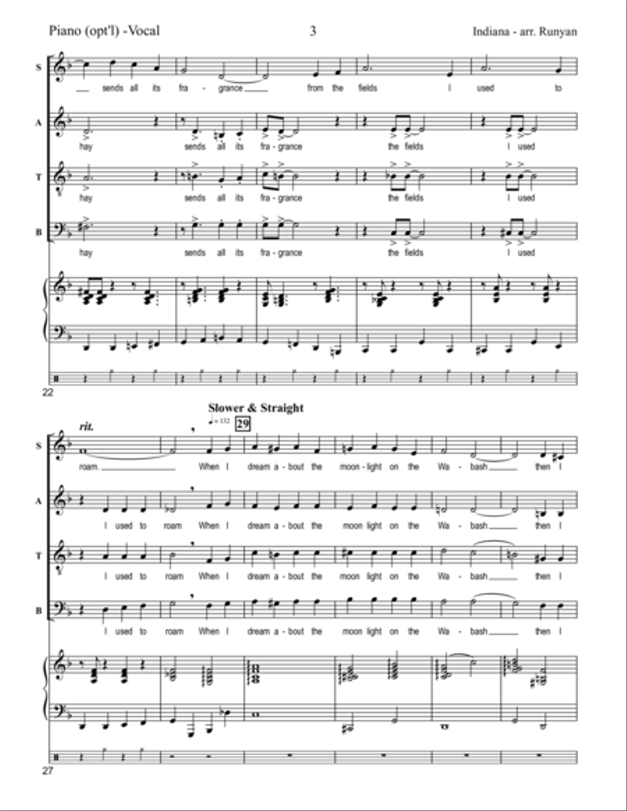 Indiana (Back Home Again in Indiana) (opt'l accomp. for SATB Swing ver.) 4-Part scores gallery preview page 3