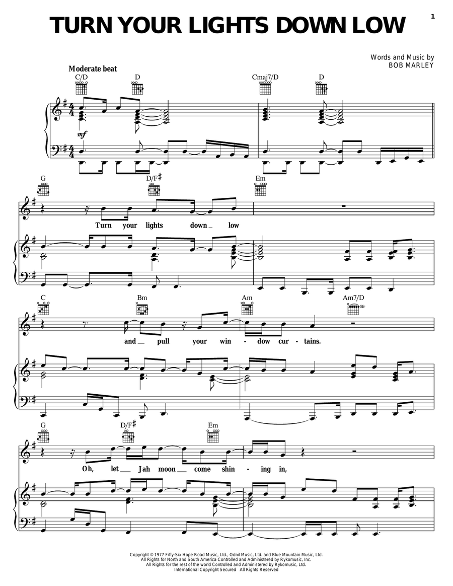 Turn Your Lights Down Low Piano, Vocal, Guitar scores gallery preview page 1