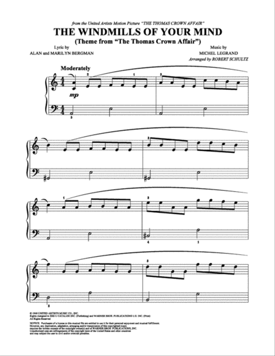 The Windmills of Your Mind (Theme from The Thomas Crown Affair) Easy Piano scores gallery preview page 1