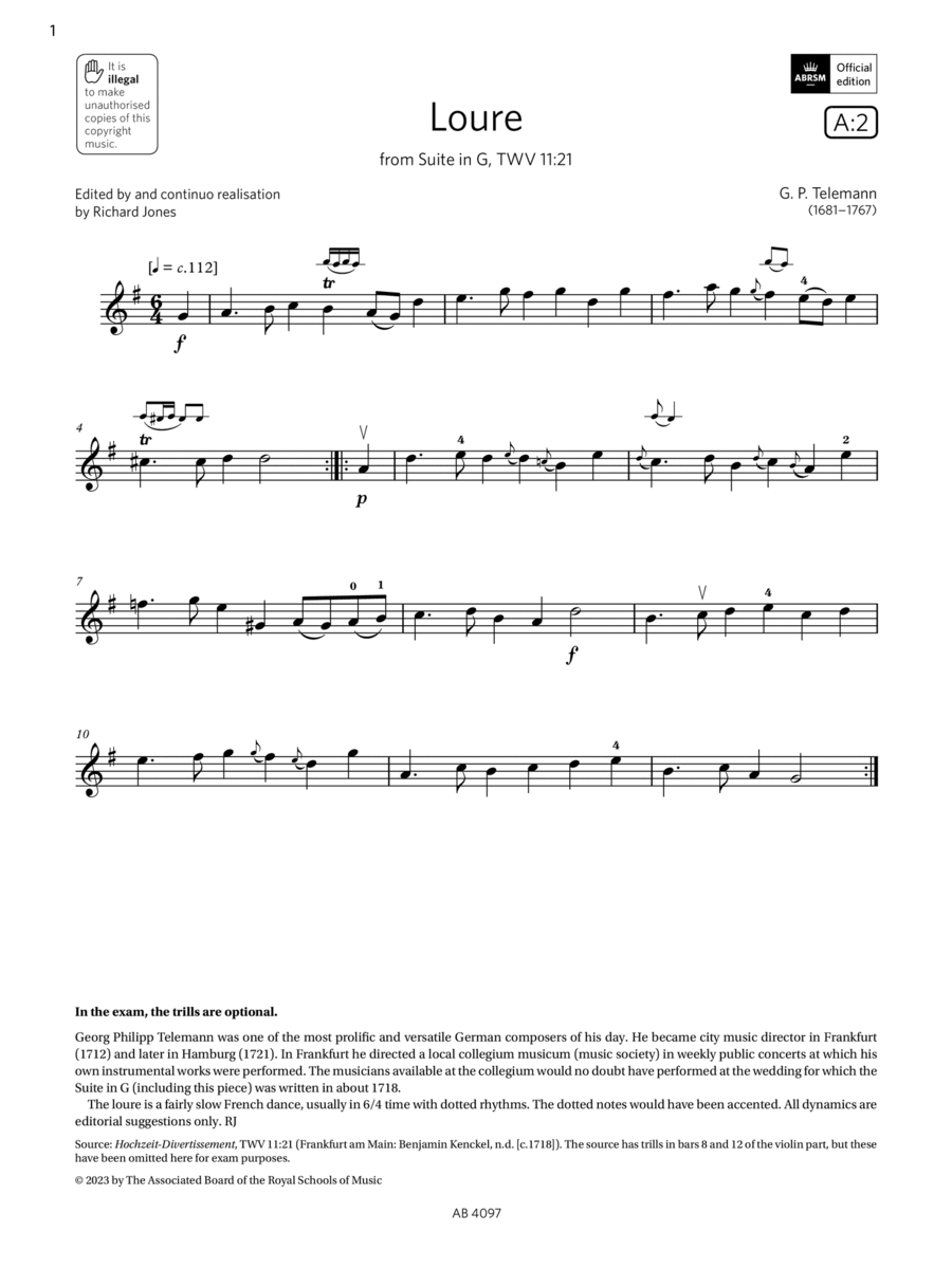 Loure (Grade 3, A2, from the ABRSM Violin Syllabus from 2024) Violin Solo scores gallery preview page 1
