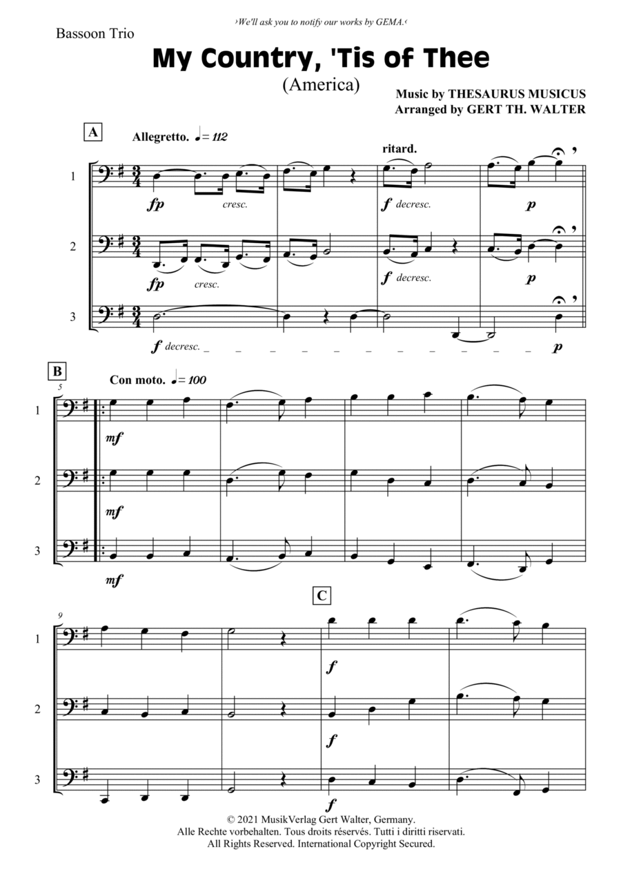 My Country, 'Tis Of Thee (America) Woodwind Trio scores gallery preview page 1