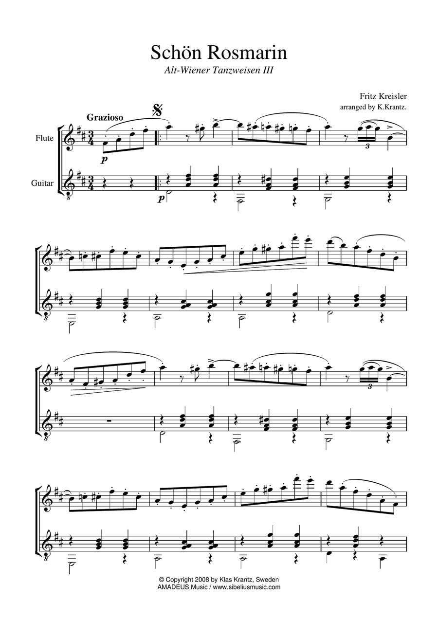 Schon Rosmarin for flute and guitar Schon Rosmarin for flute and guitar Flute scores gallery preview page 1