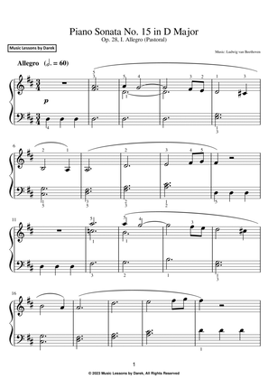 Book cover for Piano Sonata No. 15 in D Major (EASY PIANO) Op. 28, I. Allegro (Pastoral) [Ludwig van Beethoven]