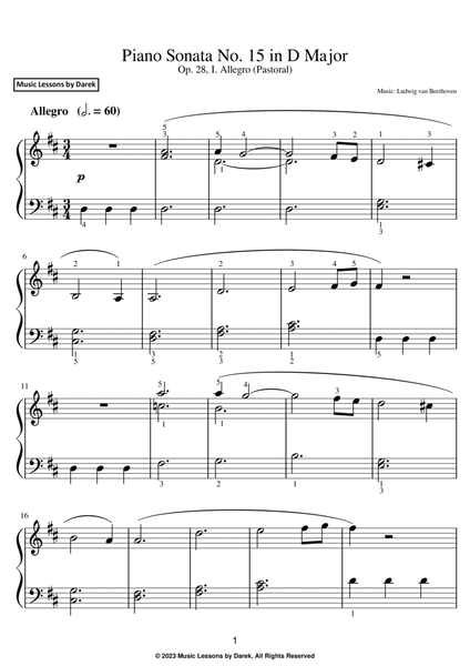 Piano Sonata No. 15 in D Major (EASY PIANO) Op. 28, I. Allegro (Pastoral) [Ludwig van Beethoven] image number null