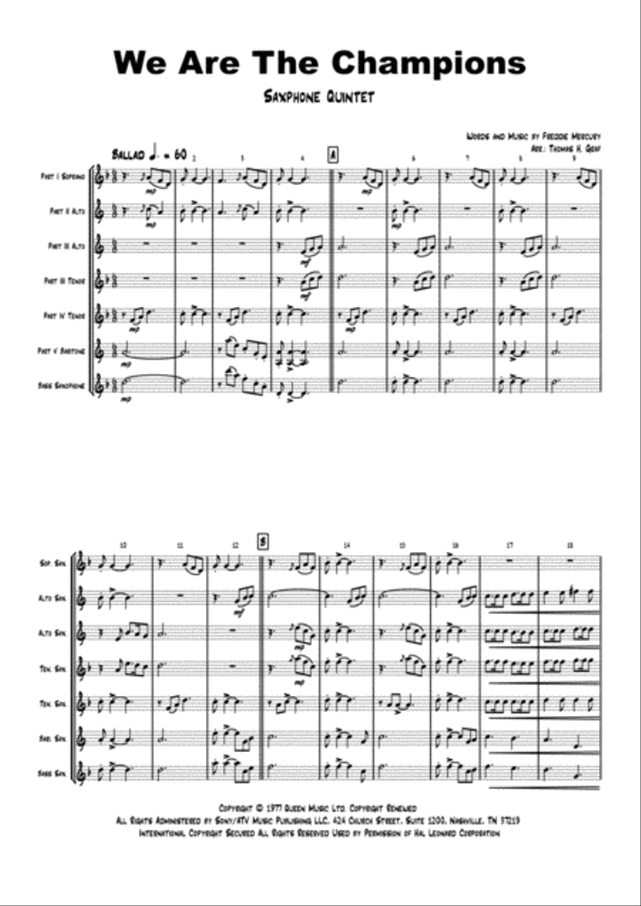We Are The Champions Saxophone Quintet scores gallery preview page 1