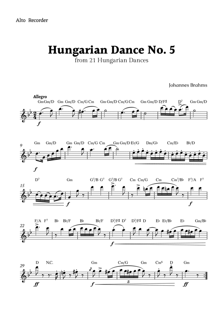Hungarian Dance No. 5 by Brahms for Alto Recorder Solo image number null