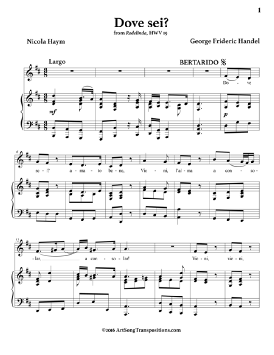 HANDEL: Dove sei? (transposed to D major) Voice scores gallery preview page 2