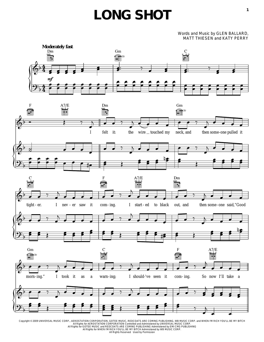 Long Shot Piano, Vocal, Guitar scores gallery preview page 1