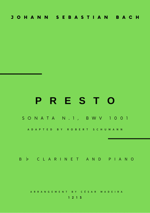 Presto from Sonata No.1, BWV 1001 - Bb Clarinet and Piano (Full Score and Parts)