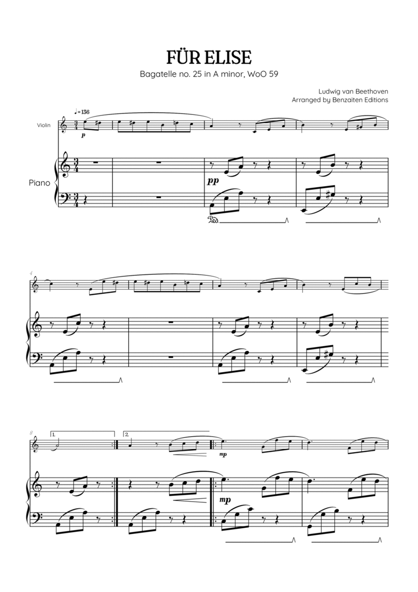 Beethoven • Für Elise / Pour Elise • violin & piano sheet music image number null