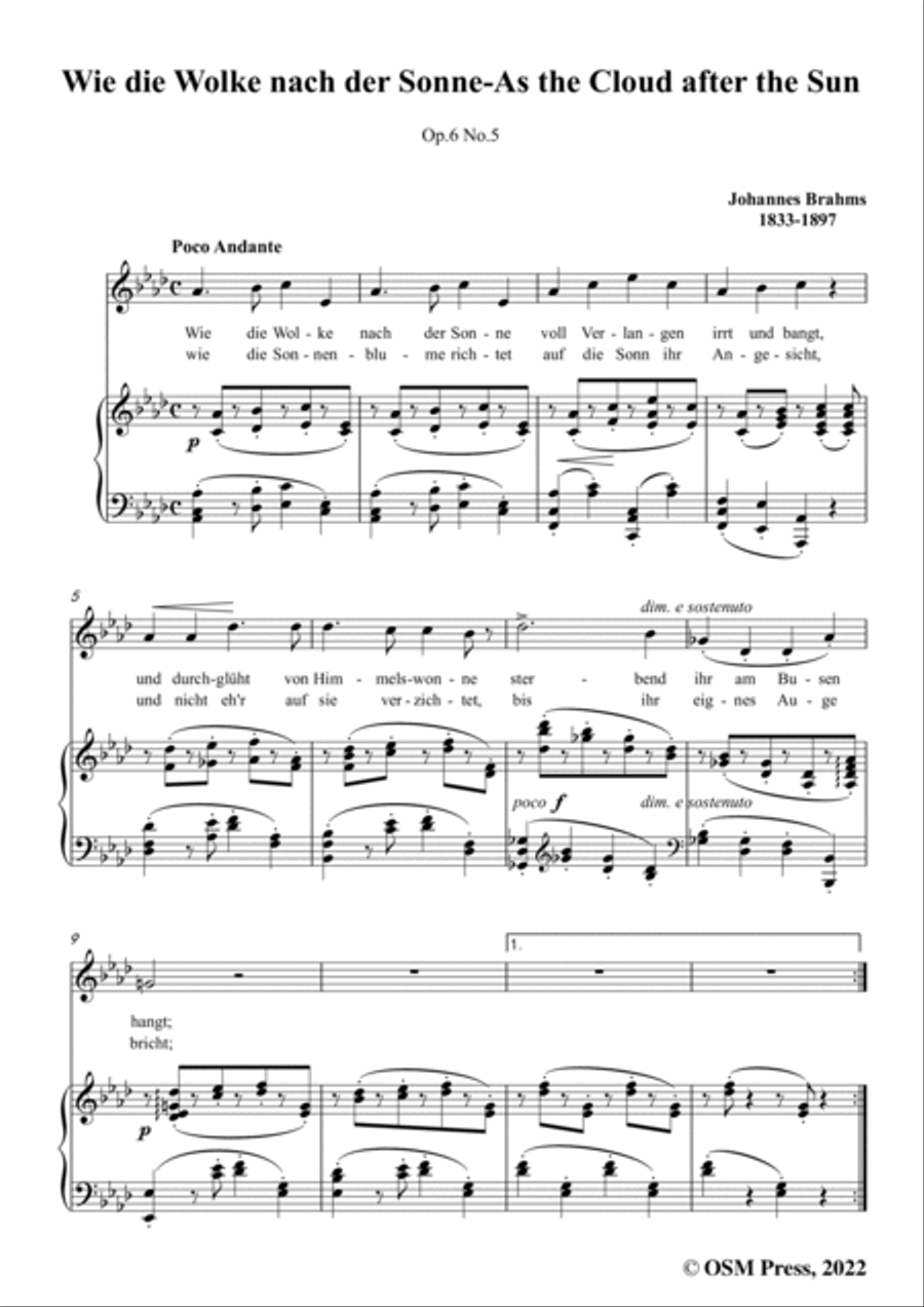 Brahms-Wie die Wolke nach der Sonne-As the Cloud after the Sun,Op.6 No.5,in A flat Major,fromSix Son Voice scores gallery preview page 3