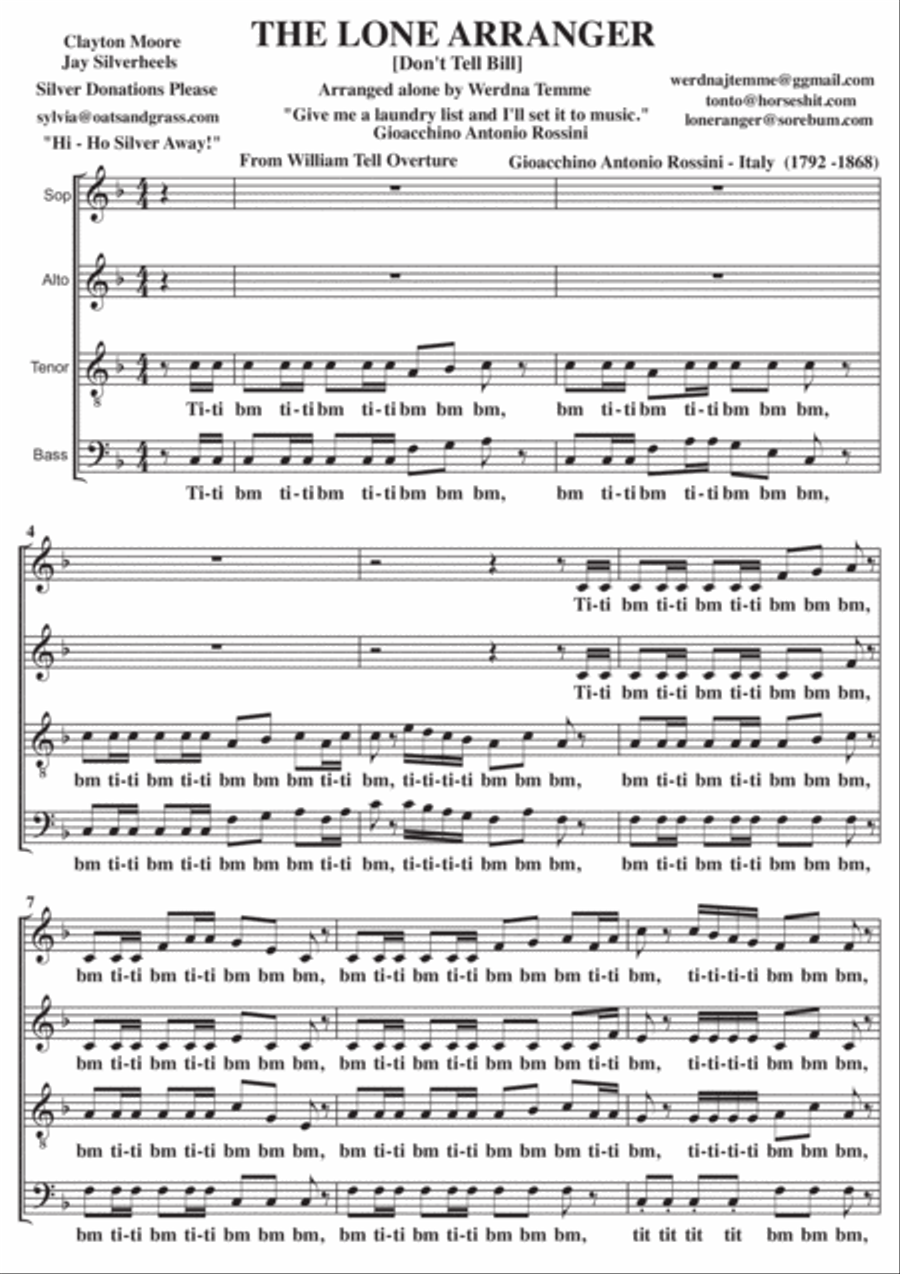The Lone Ranger theme tune A Cappella SATB 4-Part scores gallery preview page 1