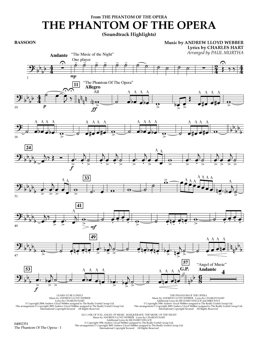 The Phantom Of The Opera (Soundtrack Highlights) (arr. Paul Murtha) - Bassoon Concert Band scores gallery preview page 1