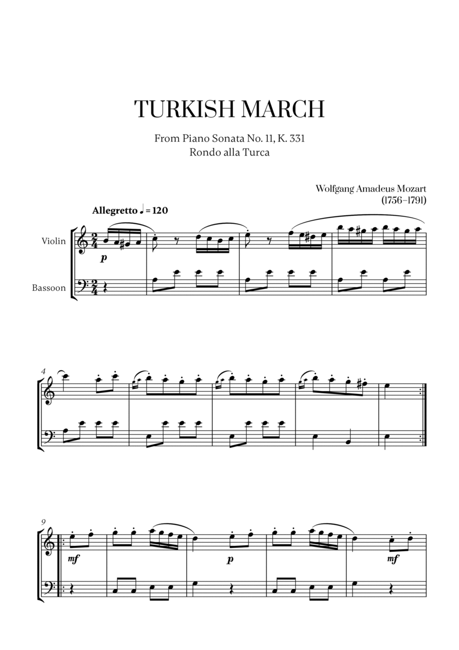 W. A. Mozart - Turkish March (Alla Turca) for Violin and Bassoon Bassoon scores gallery preview page 1
