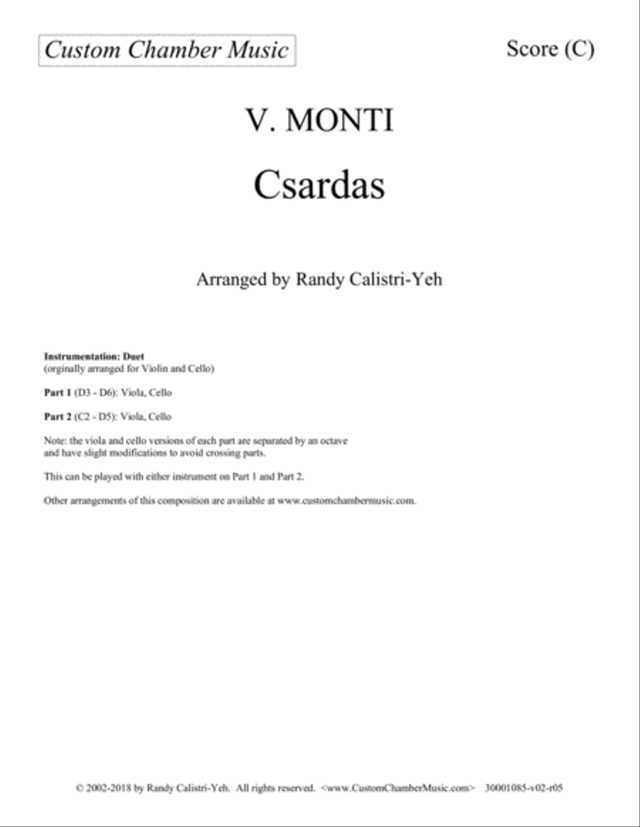 Monti Csardas (Czardas): duet for 2 violas/cellos, or viola and cello String Duet scores gallery preview page 1