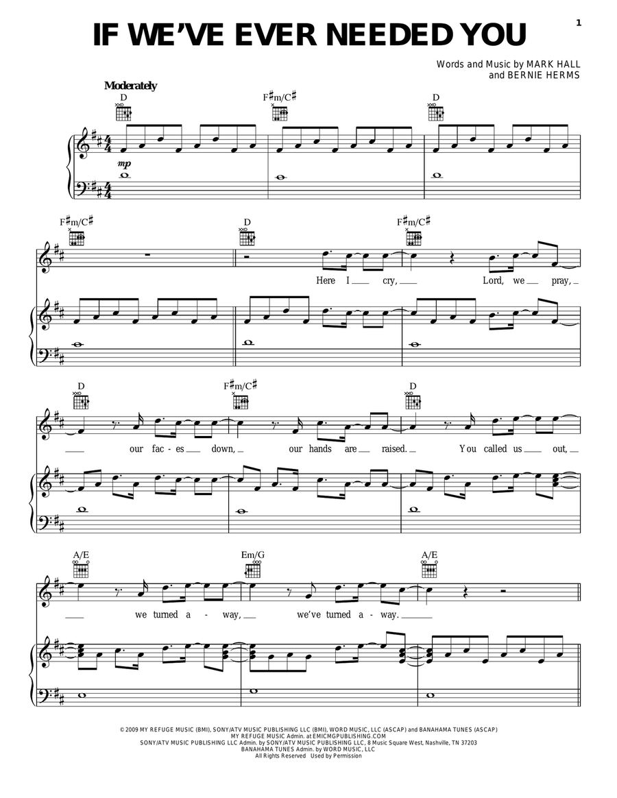 If We've Ever Needed You Piano, Vocal, Guitar scores gallery preview page 1