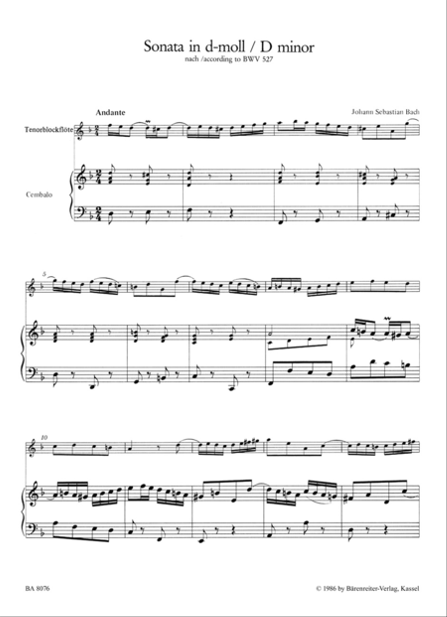 Sonata for Tenor Recorder and Harpsichord obbligato d minor BWV 527 Tenor Recorder scores gallery preview page 3