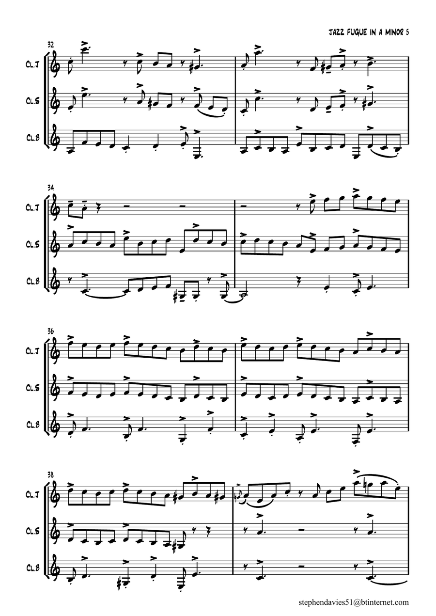 'Jazz Fugue in A Minor' based on BWV944 by J.S.Bach for Clarinet Trio. Clarinet Trio scores gallery preview page 5
