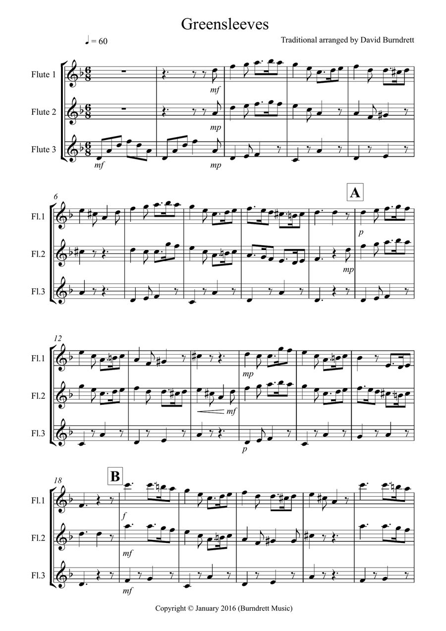 Greensleeves for flute Trio Flute Solo scores gallery preview page 1