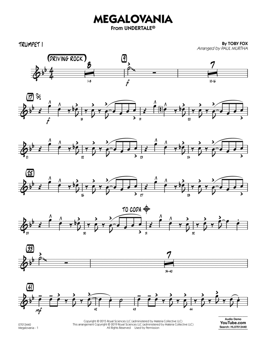 Megalovania (arr. Paul Murtha) - Trumpet 1 Jazz Ensemble scores gallery preview page 1