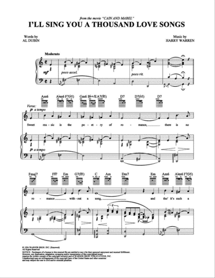 I'll Sing You a Thousand Love Songs Piano, Vocal, Guitar scores gallery preview page 1