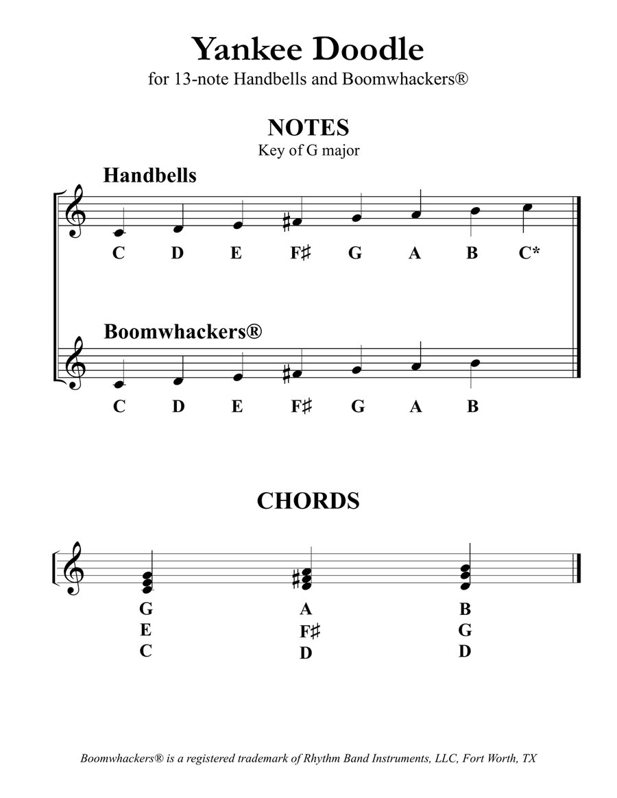 Yankee Doodle (for 13-note Bells and Boomwhackers with Black and White Notes) Handbell Choir scores gallery preview page 3
