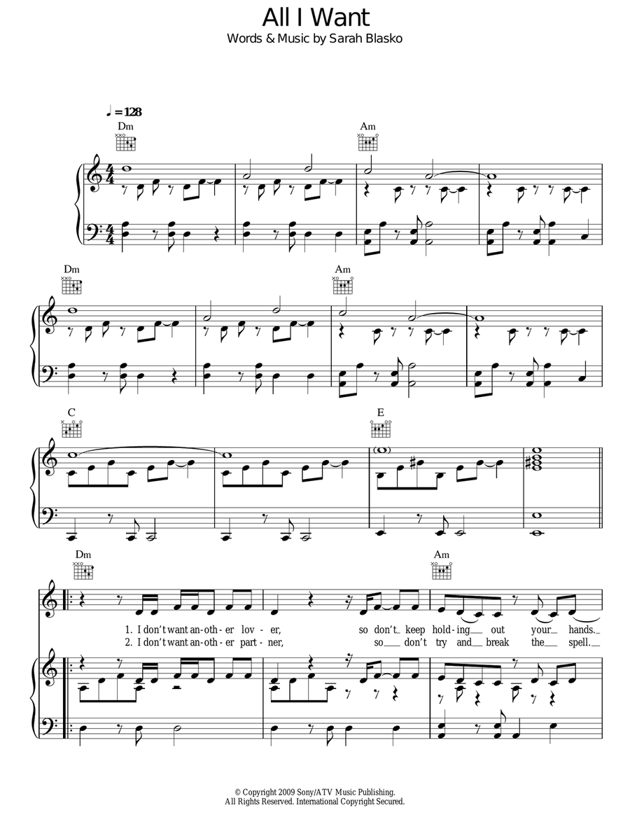 All I Want Piano, Vocal, Guitar scores gallery preview page 1