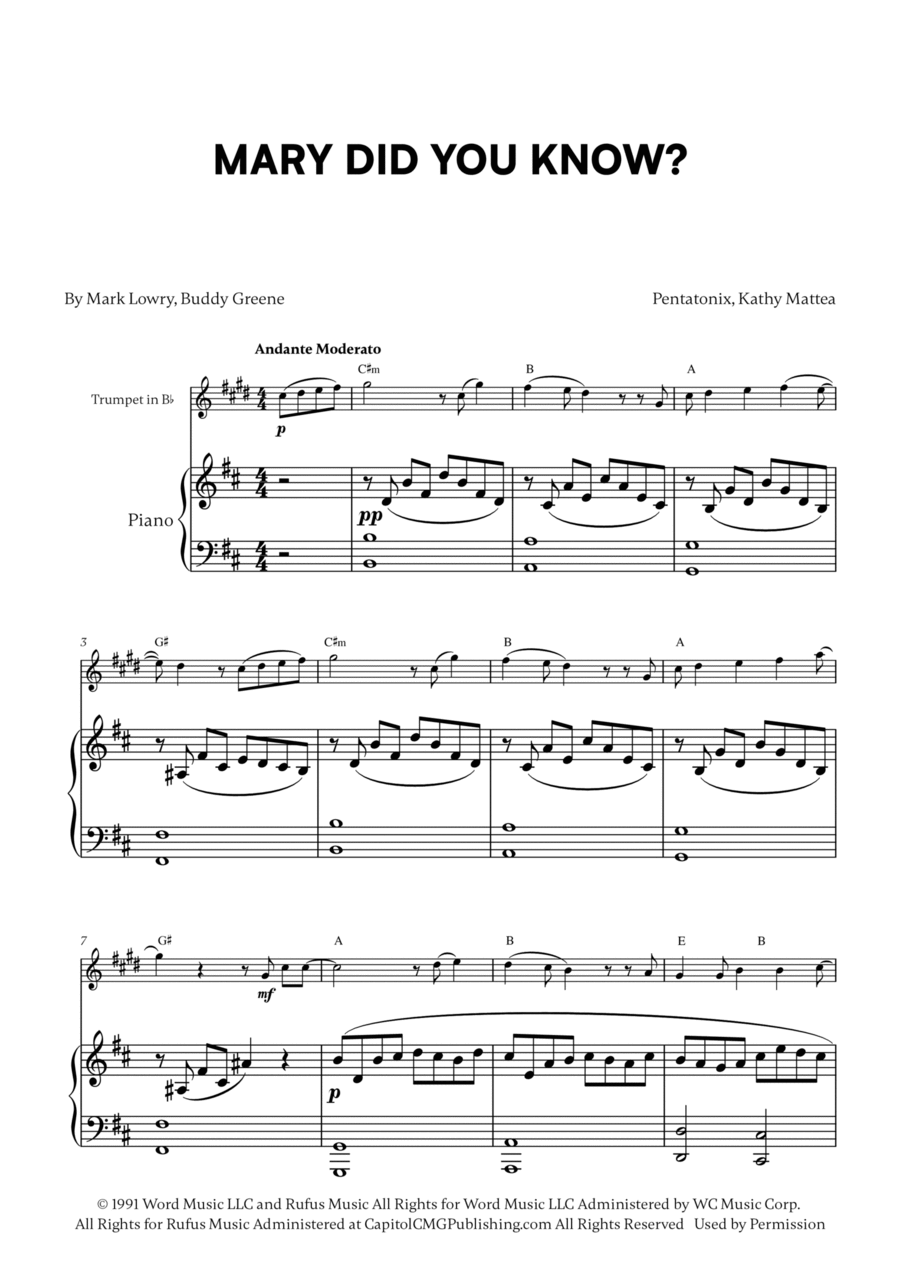 Mary, Did You Know? Trumpet Solo scores gallery preview page 1