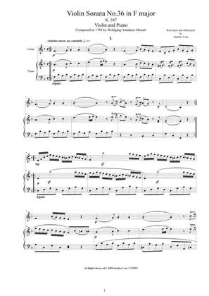 Mozart - Violin Sonata No.36 in F major K 547 for Violin and Piano - Score and Part