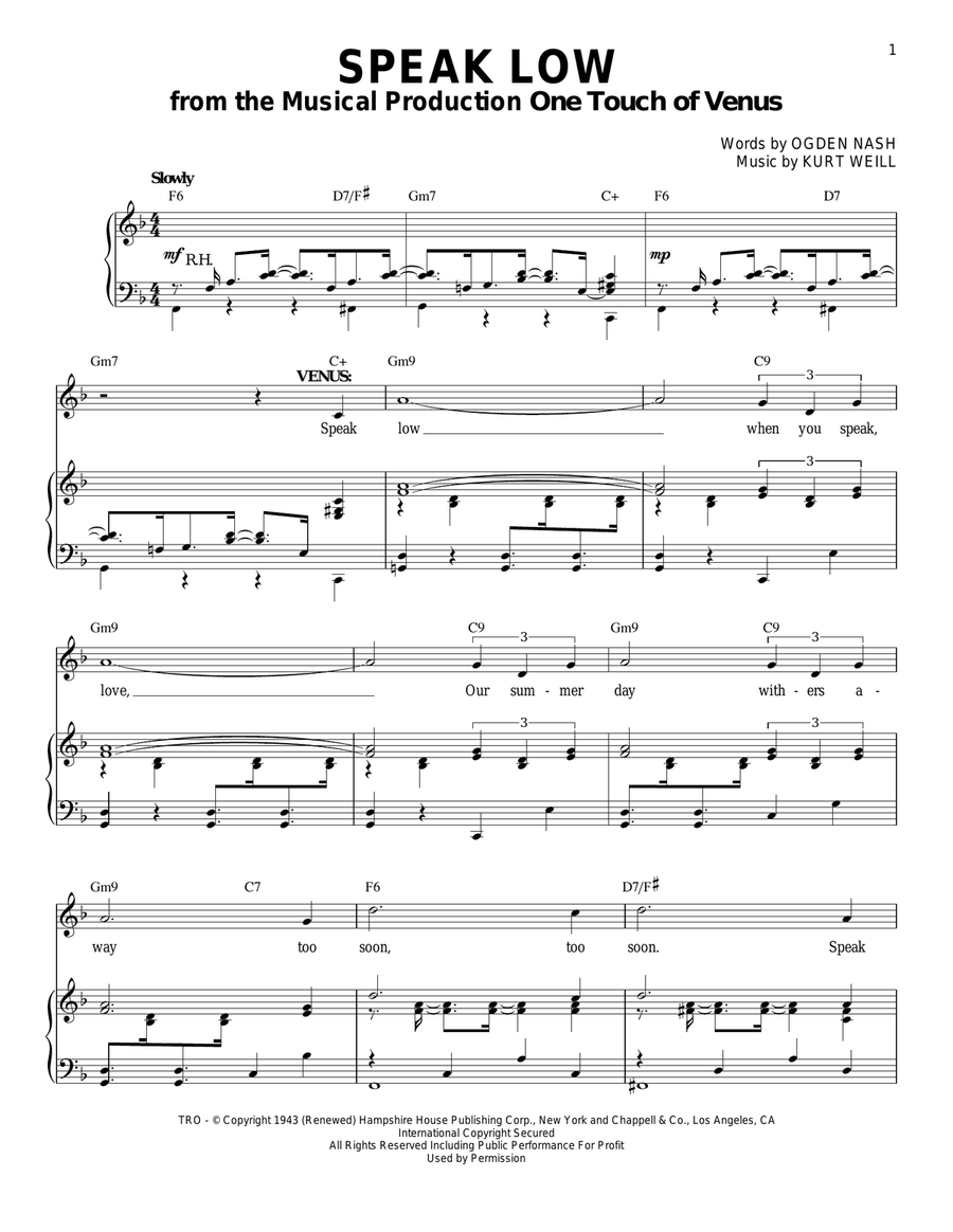 Speak Low Speak Low Piano, Vocal scores gallery preview page 1
