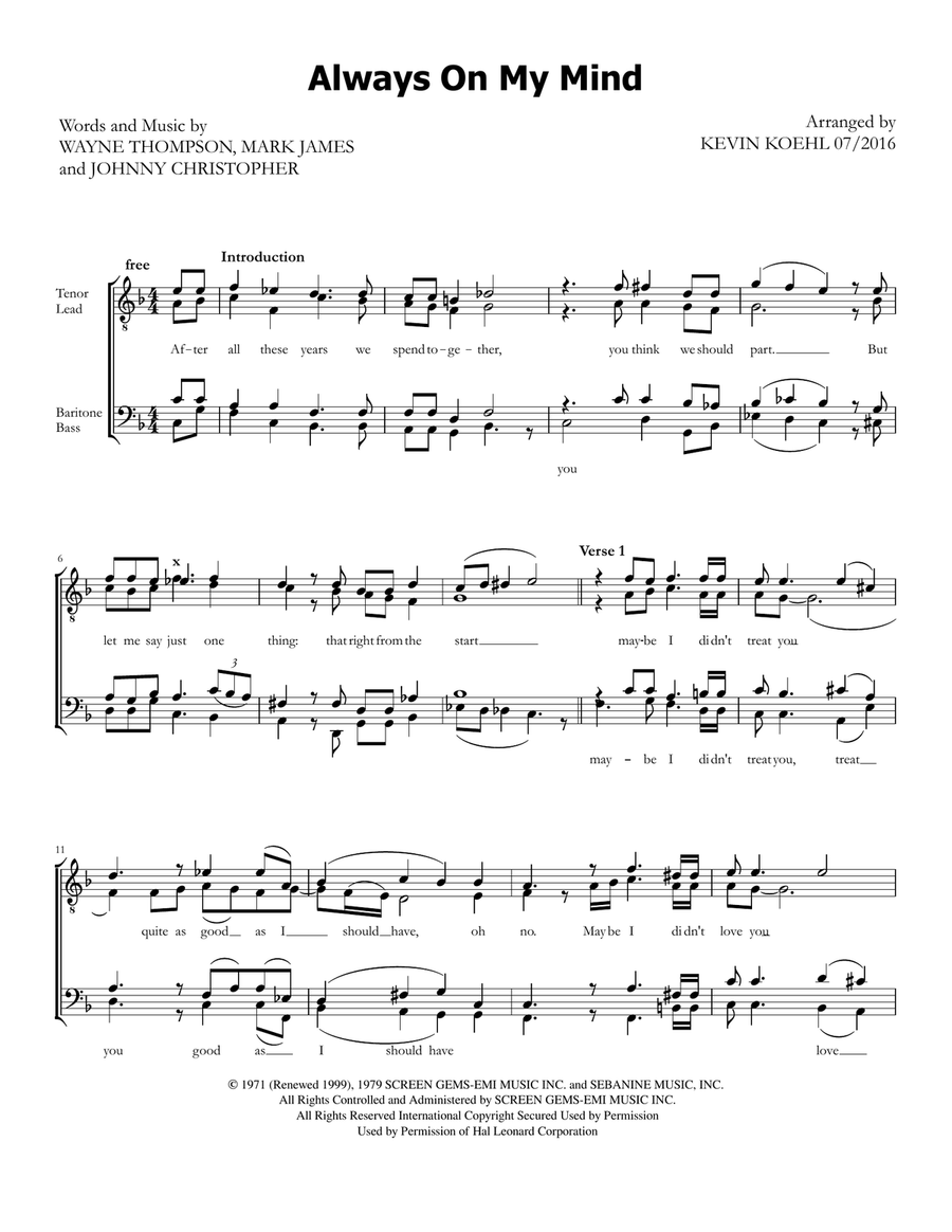 Always On My Mind TTBB scores gallery preview page 1