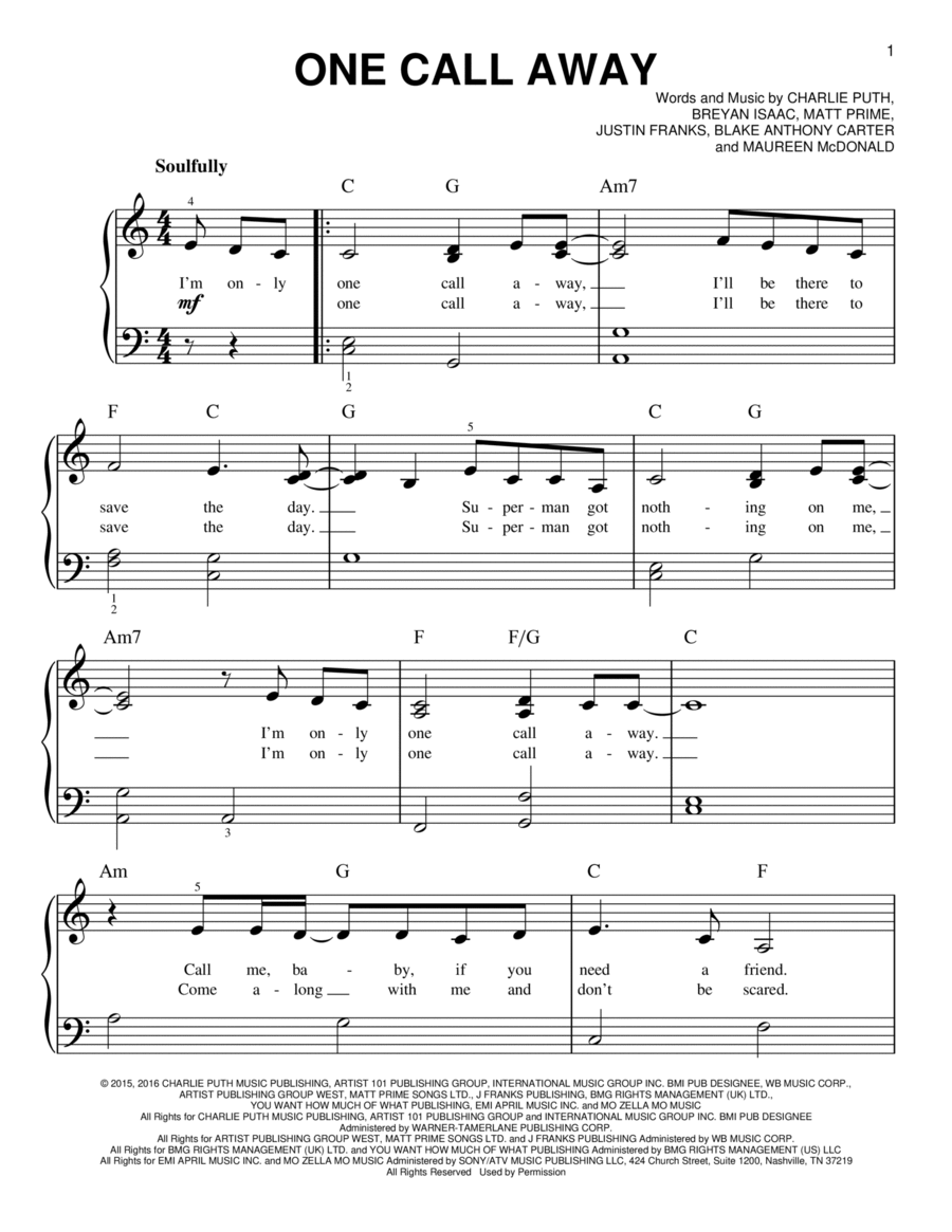 One Call Away Easy Piano scores gallery preview page 1