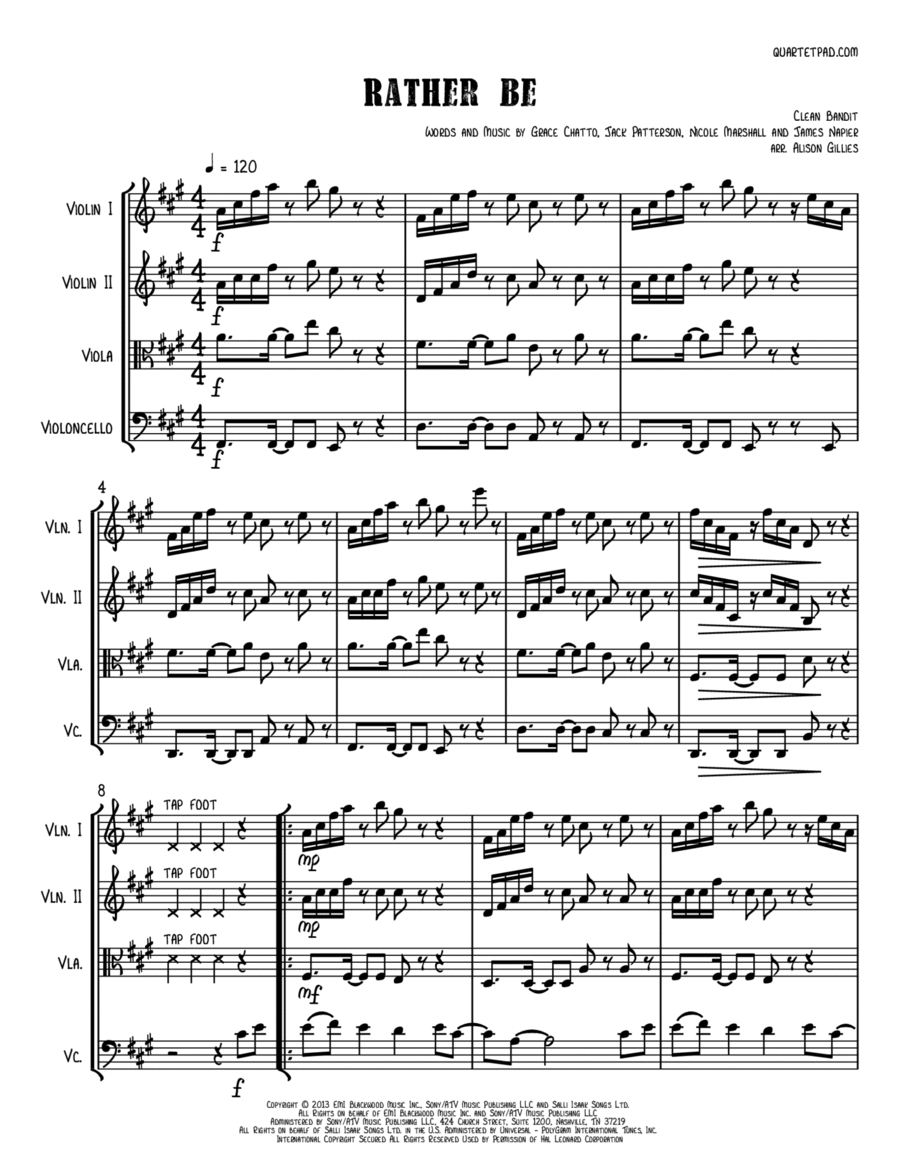 Rather Be String Quartet scores gallery preview page 1