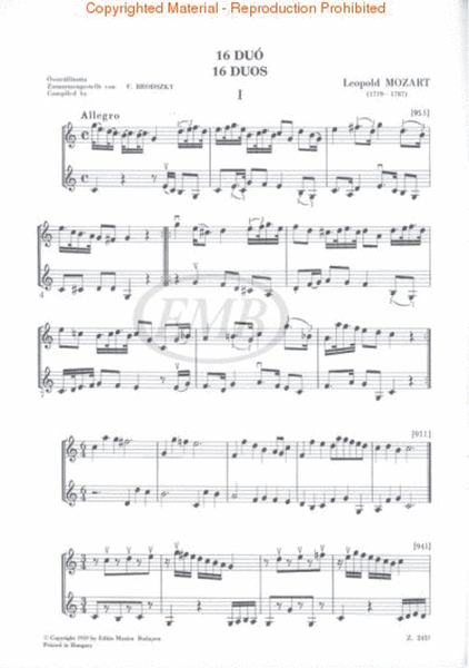 16 Duos for two violins (a violin ensemble or 2 clarinets)