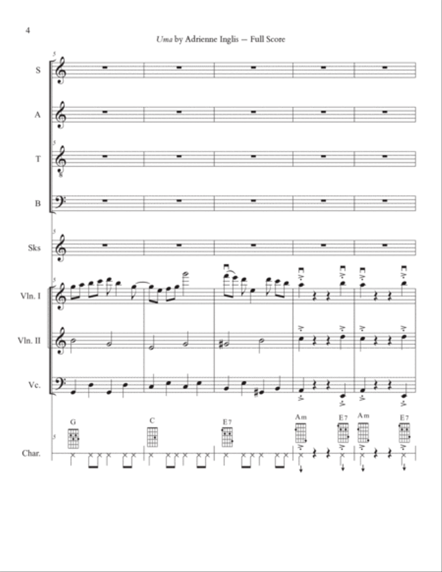 Uma for SATB and string quartet, with optional charango and sikus 4-Part scores gallery preview page 4
