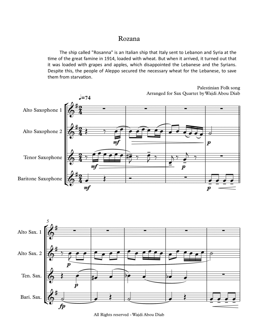 AL ROZANA (arabic song) - Saxophone quartet Saxophone Quartet scores gallery preview page 1