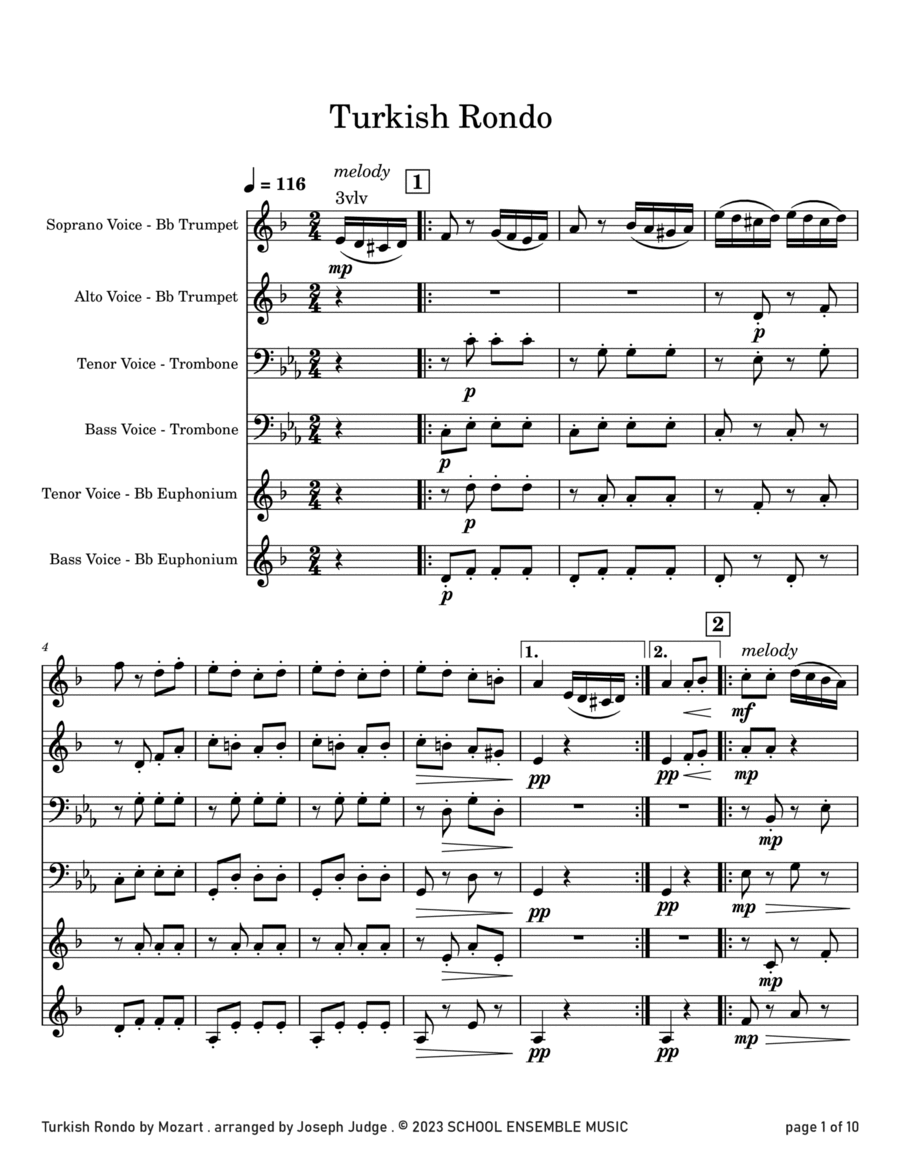 Turkish Rondo by Mozart for Brass Quartet in Schools Brass Quartet scores gallery preview page 1