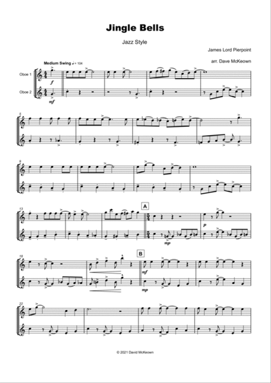 Jingle Bells, Jazz Style, for Oboe Duet Woodwind Duet scores gallery preview page 2