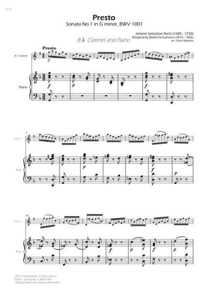 Presto from Sonata No.1, BWV 1001 - Bb Clarinet and Piano (Full Score and Parts) image number null