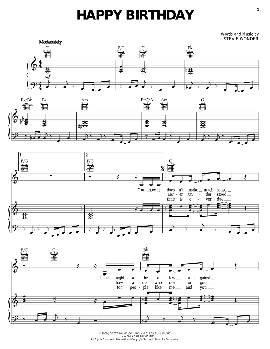 Happy Birthday Piano, Vocal, Guitar scores gallery preview page 1