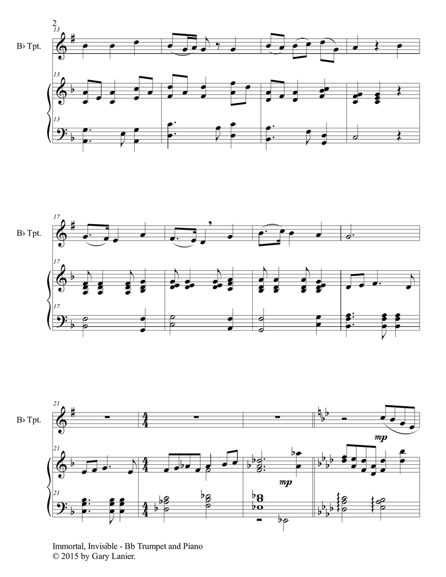 IMMORTAL, INVISIBLE (Duet – Bb Trumpet and Piano/Score and Parts) image number null